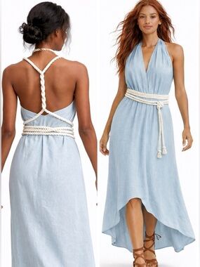 Ice Blue Linen Greek Goddess Dress Halter Wrap Boho Adjustable Open Back Fit S-L